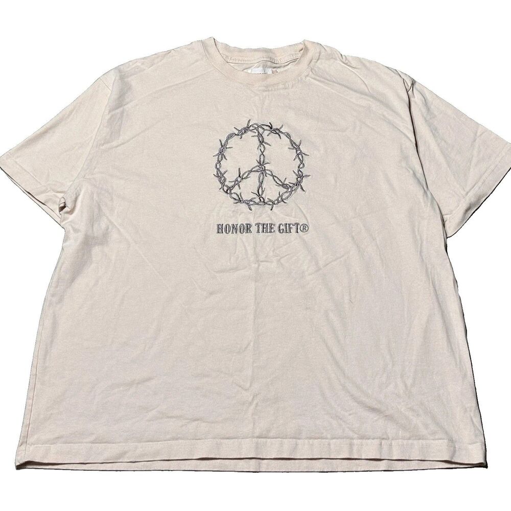 Honor The Gift Peace Sign T Shirt Mens XL Beige Short Sleeve Tee Embroidered